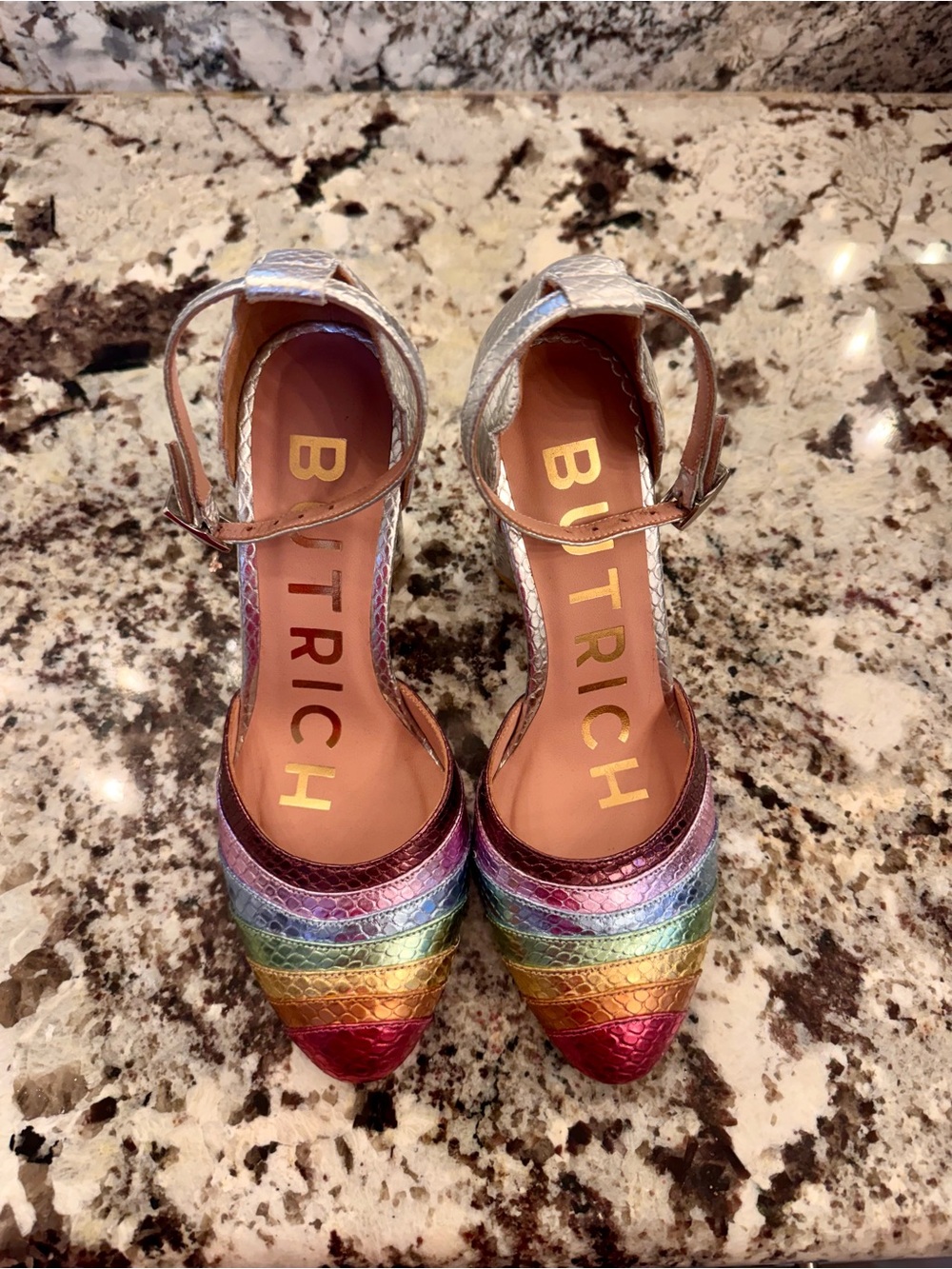NWOT BUTRICH Rainbow Metallic Ankle-Strap Heels
